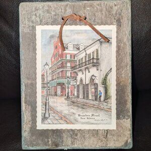 Vintage Archie Boyd Bourbon Street Sketch Print on Antique Roof Slate Tile NOLA